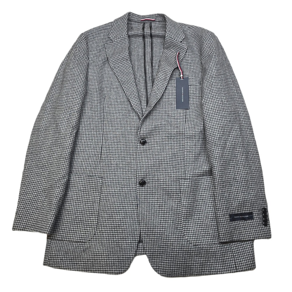 Tommy Hilfiger Houndstooth Sport Coat‎ Mens 42L Light Grey Black Wool $375 NEW